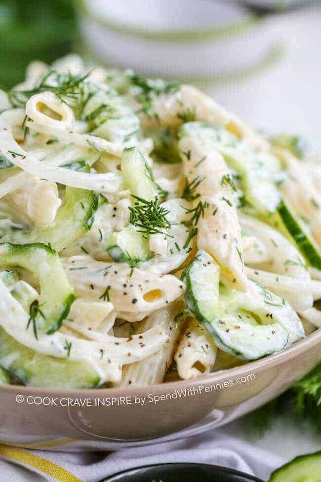 Beige bowl of Cucumber Pasta Salad