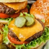 close up of Air Fryer Hamburgers on a bun with pickles