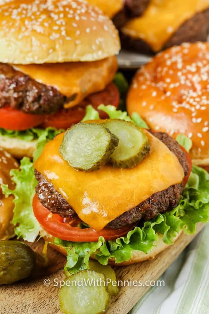 close up of Air Fryer Hamburgers on a bun with pickles