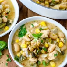 top view of white chicken chili in bowls