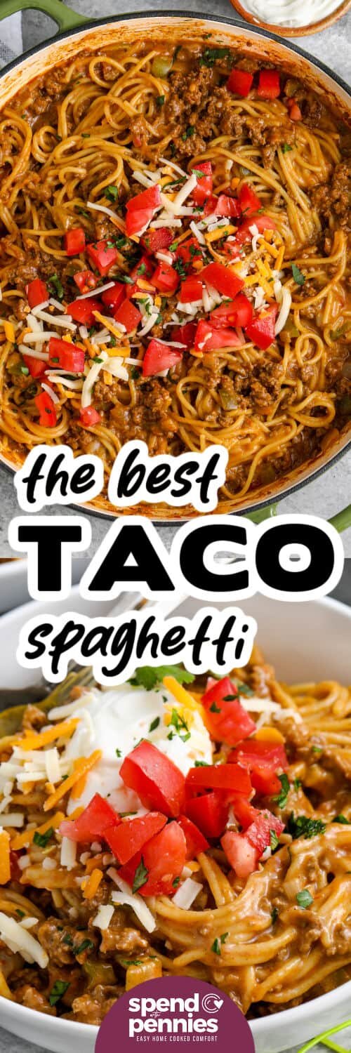 Taco Spaghetti in the pot and in a bowl with writing