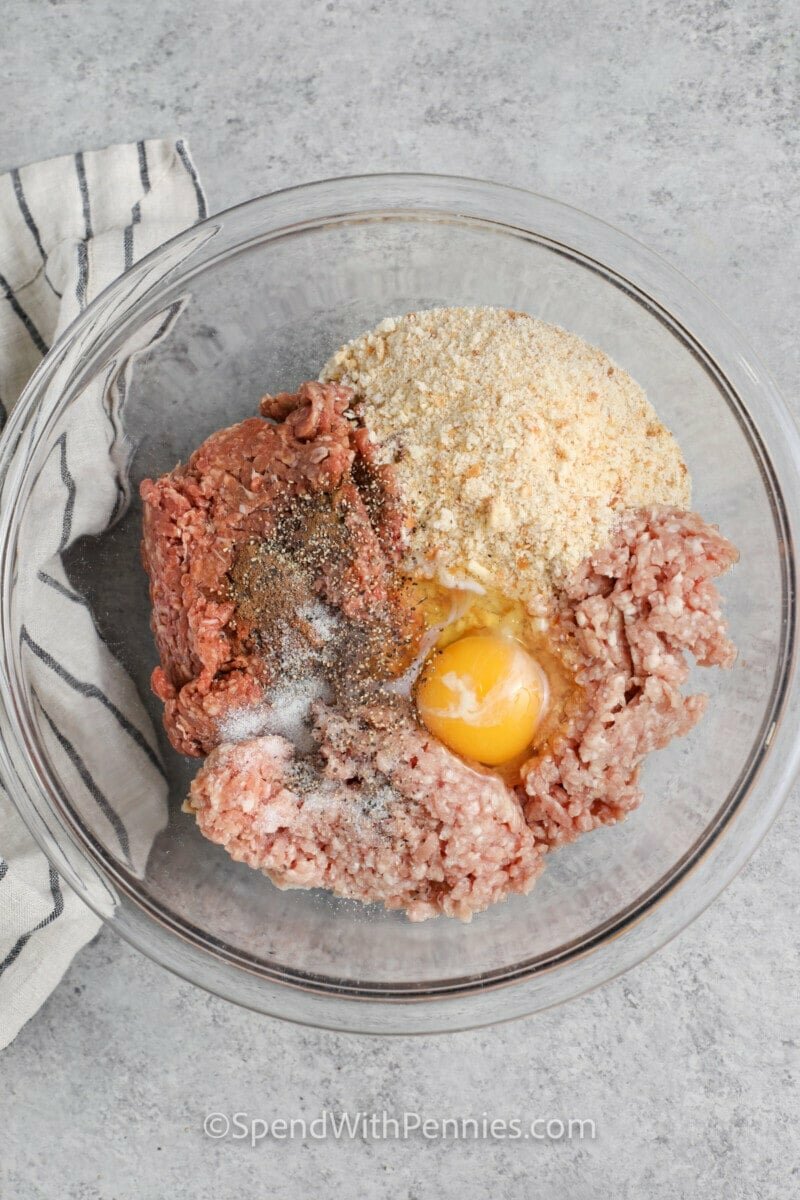 adding ingredients to bowl to make Swedish Meatballs