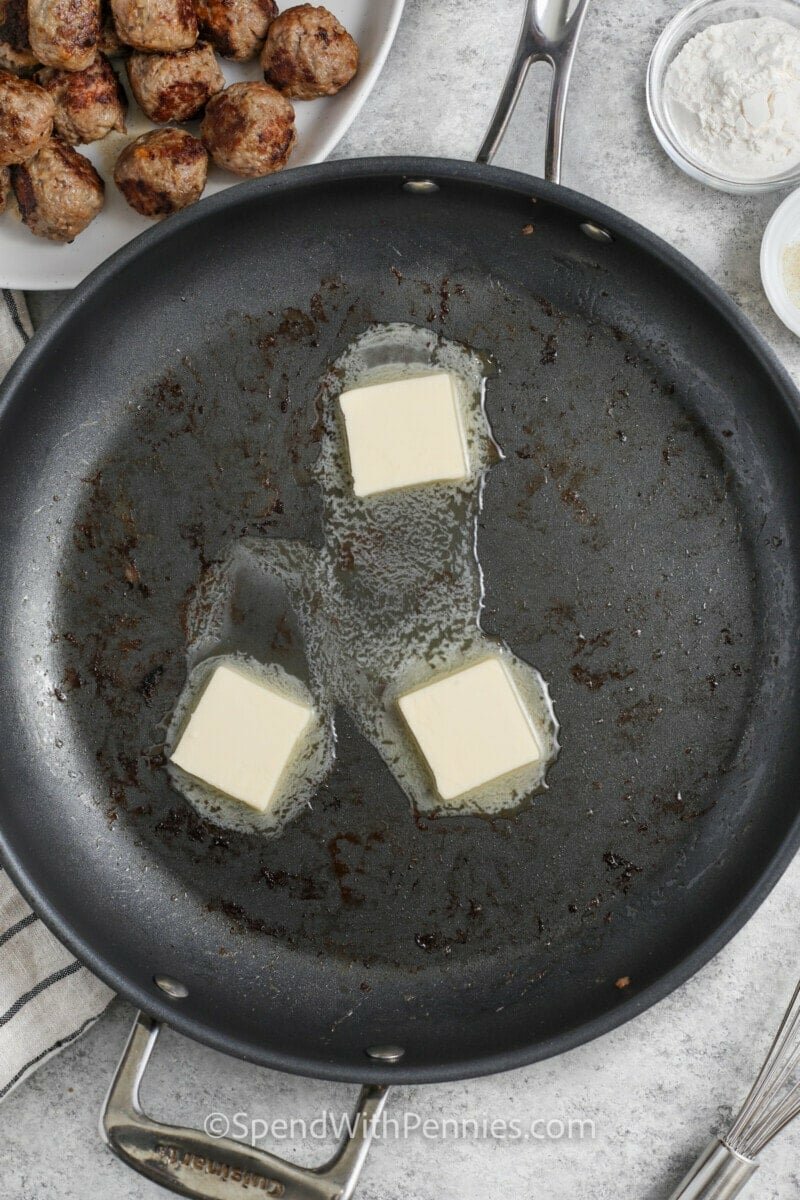 adding butter to pan to make Swedish Meatballs