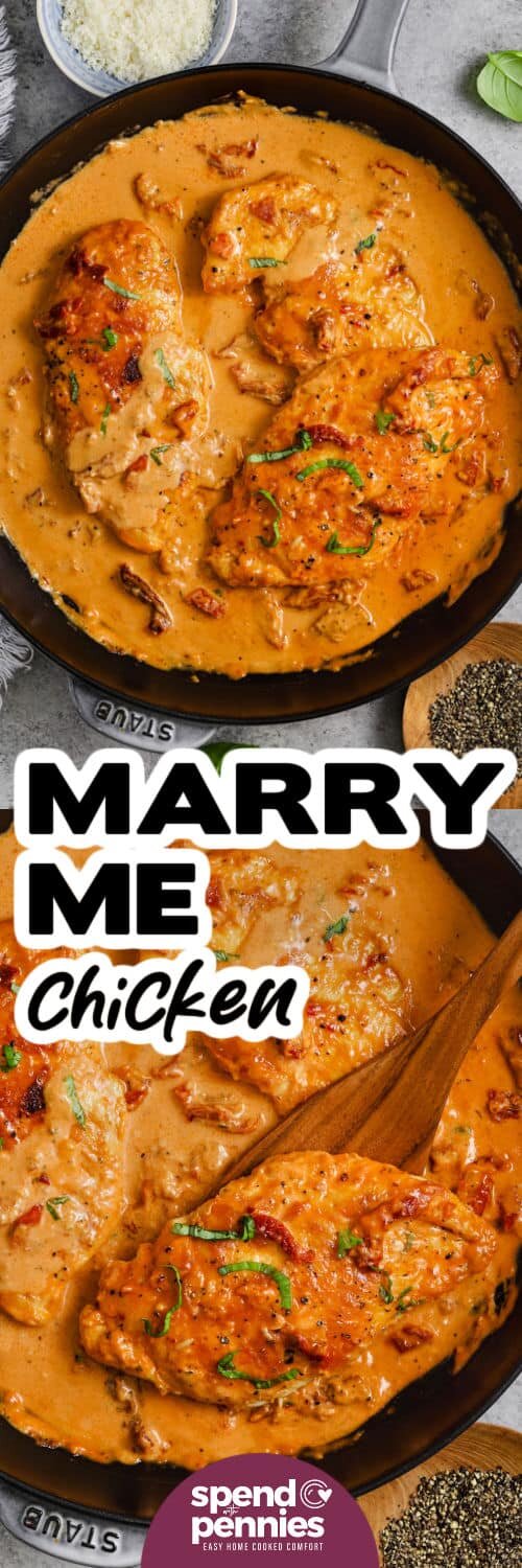 Marry Me Chicken in a pan and close up with a title