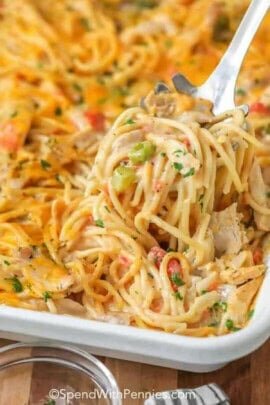 close up of Homemade Chicken Spaghetti with cheese sauce