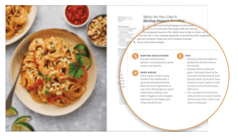 zoomed in section of cookbook recipe page showing tips, serving suggestions, and make ahead instructions