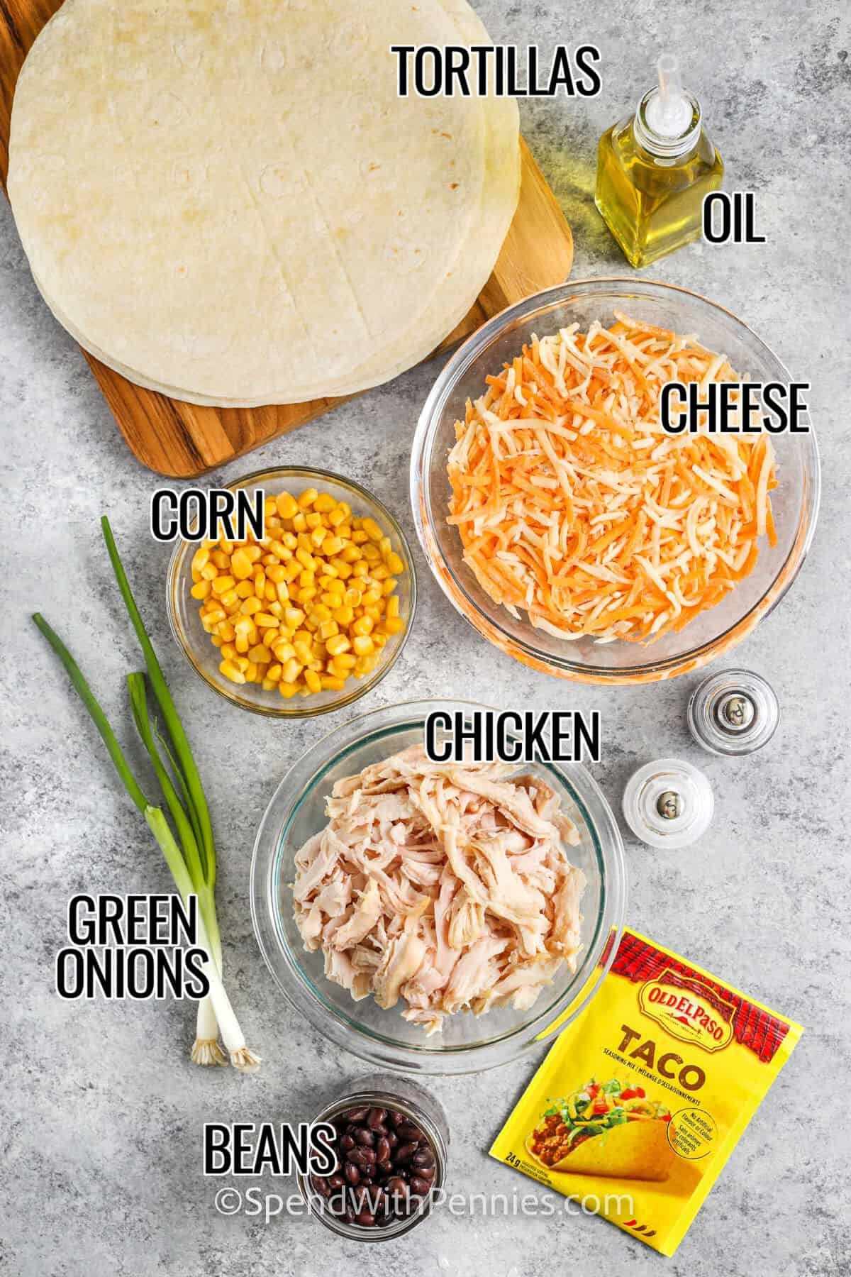 tortillas , oil , cheese , corn , green onions , chicken , beans , taco seasonings with labels to make Sheet Pan Quesadillas