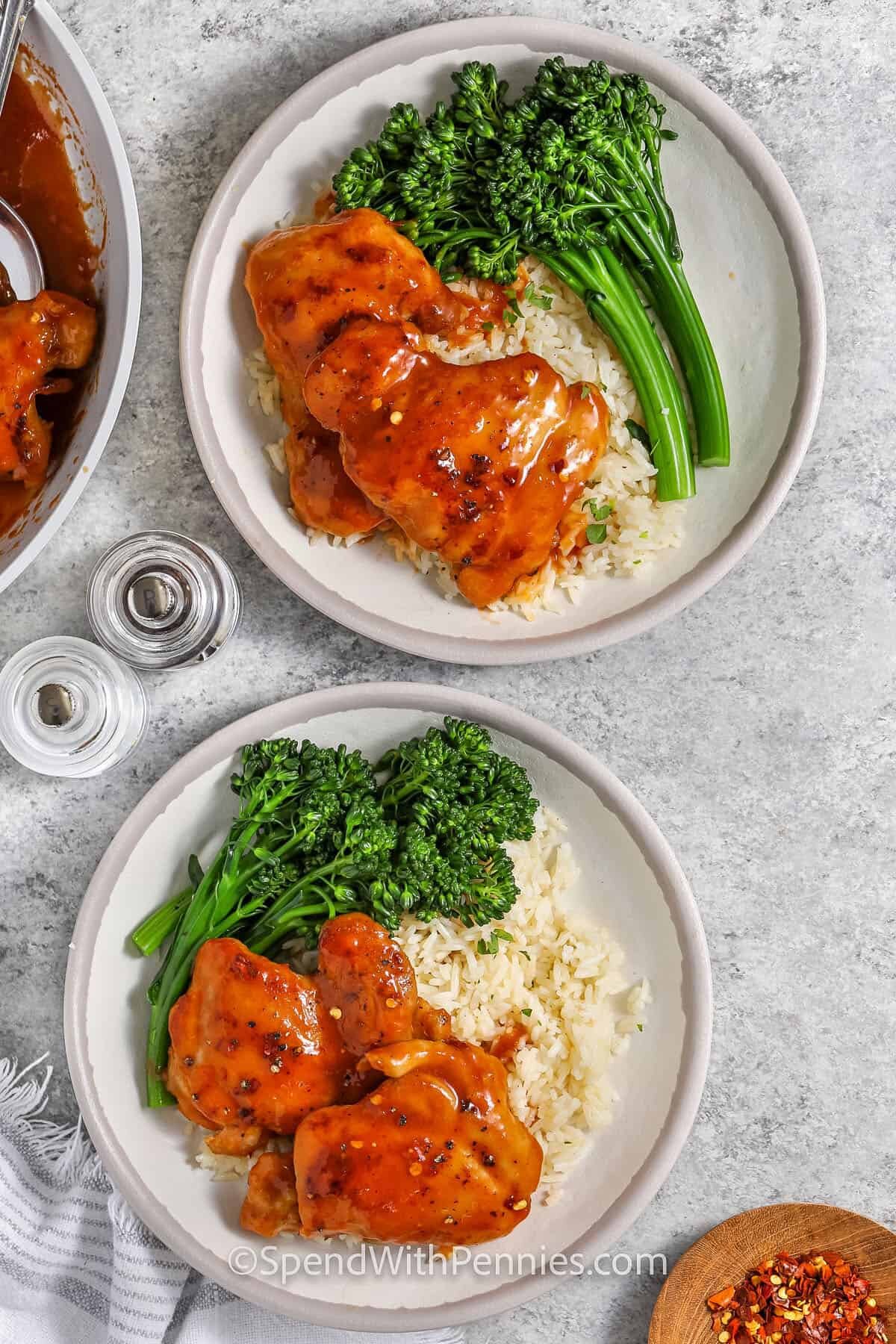 plated Apricot Chicken on rice with broccolini